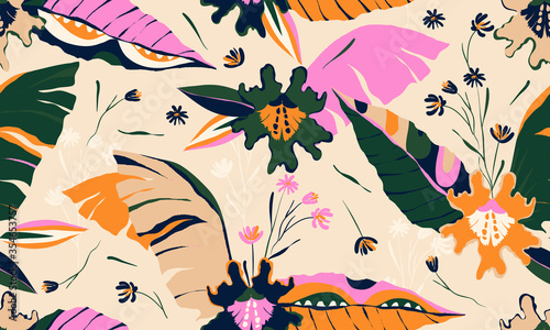 Modern exotic jungle plants illustration pattern. Creative collage contemporary floral seamless pattern. Fashionable template for design.