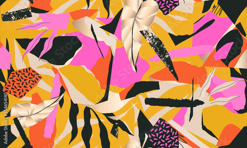Trendy exotic jungle plants illustration pattern. Creative collage with shapes. Seamless pattern. Fashionable template for design.