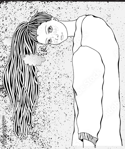 Girl with long hair. Anti stress Coloring Book page for adult. Black and White vector. Zen Art, doodle style.