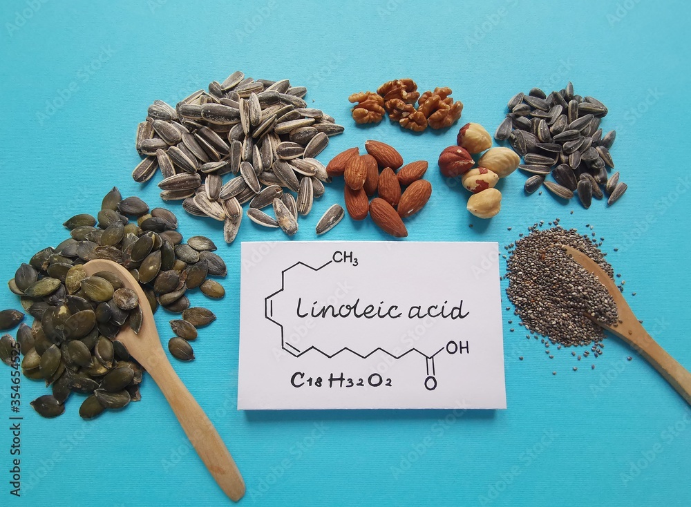 Structural chemical formula of linoleic acid with foods rich in