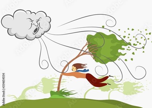  image of a women Holding On To Tree on Windy Day. vector illustration