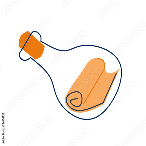 illustration of a bottle with letter, with a cork. sea message