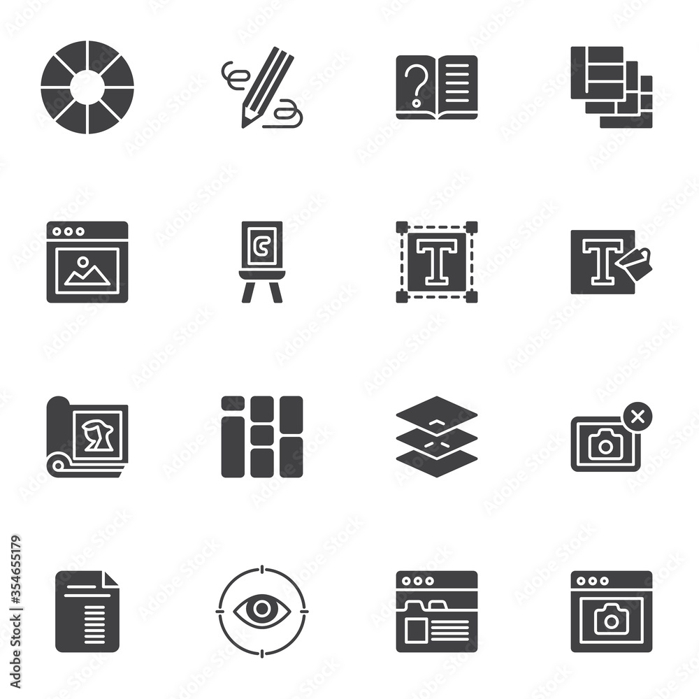 Online editorial design vector icons set, modern solid symbol collection, filled style pictogram pack. Signs, logo illustration. Set includes icons as web design, text size, website, magazine, layers Online editorial design vector icons set, modern solid symbol collection, filled style pictogram pack. Signs, logo illustration. Set includes icons as web design, text size, website, magazine, layers