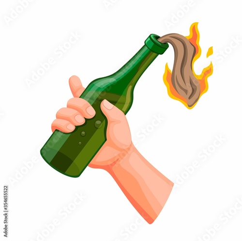 Hand holding Molotov Cocktail, handmade bomb from bottle glass in flame fire, anarchy demonstrator symbol in cartoon realistic illustration vector isolated in white background