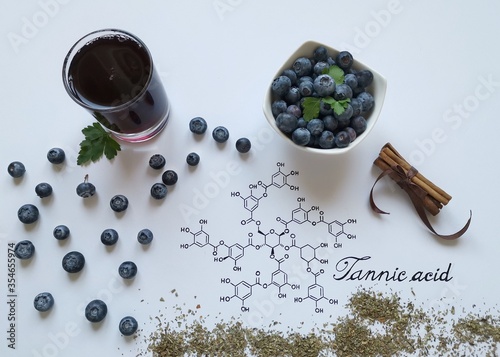 Photos Foods rich in tannins with structural chemical formula of tannic acid