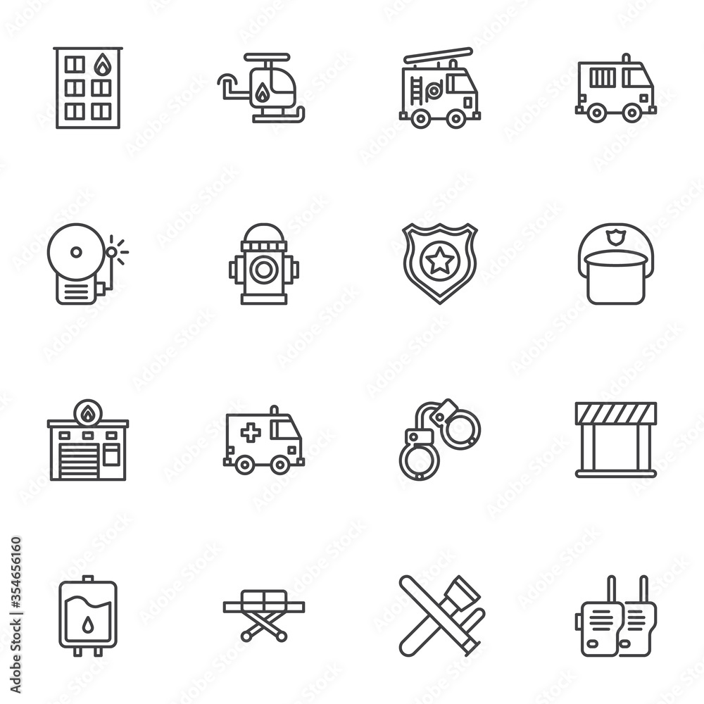 Emergency services line icons set, outline vector symbol collection, linear style pictogram pack. Signs, logo illustration. Set includes icons as police, firefighter, ambulance truck, fire alarm