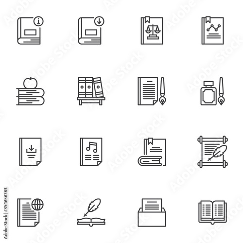 Scientific literature line icons set, outline vector symbol collection, linear style pictogram pack. Signs logo illustration. Set includes icons as bookshelf, law book, reading, writing, download book