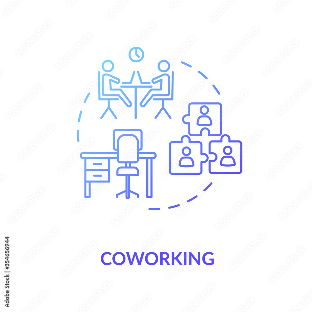Coworking blue gradient concept icon. Cooperation for startup project. Work space for business partners. Shared workspace idea thin line illustration. Vector isolated outline RGB color drawing Coworking blue gradient concept icon. Cooperation for startup project. Work space for business partners. Shared workspace idea thin line illustration. Vector isolated outline RGB color drawing