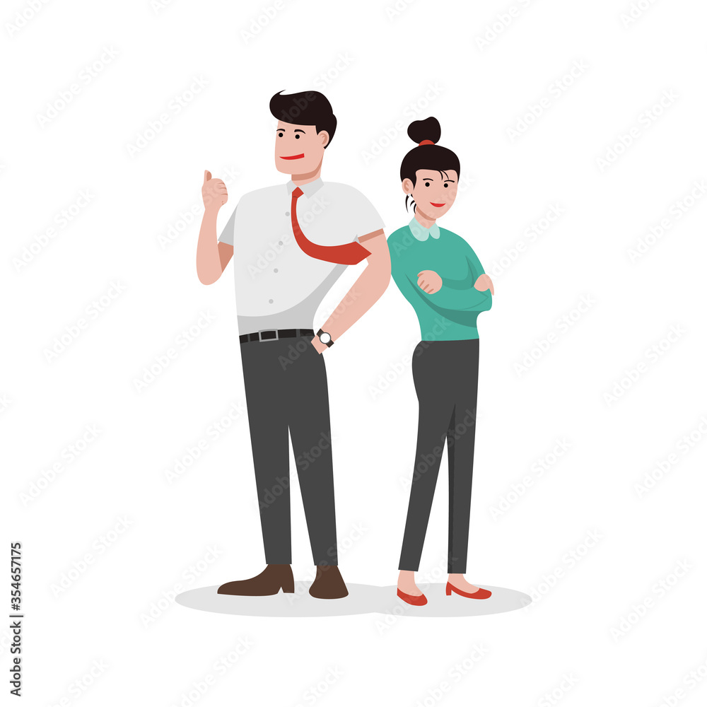 Man and woman office workers standing on white background, vector illustration.