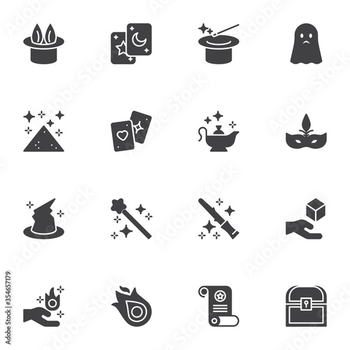 Magic related vector icons set, modern solid symbol collection, filled style pictogram pack. Signs, logo illustration. Set includes icons as magic hat and wand, oil lamp, playing card trick, chest