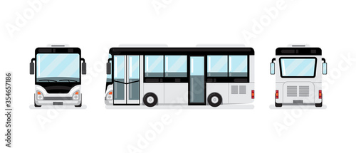 White bus vector, front, side and back view, isolated flat design on white background.