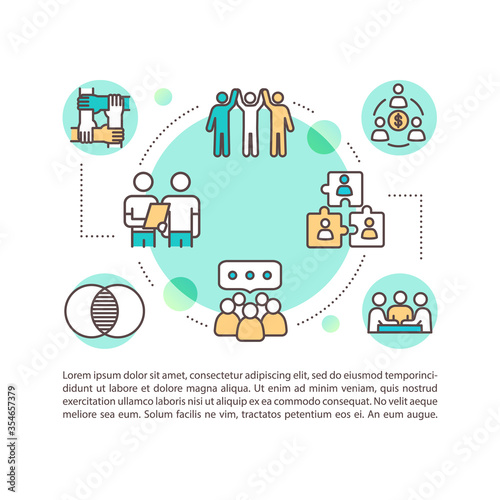 Coworking concept icon with text. Collaboration and talent sharing PPT page vector template. Working in groups, togetherness. Brochure, magazine, booklet design element with linear illustrations