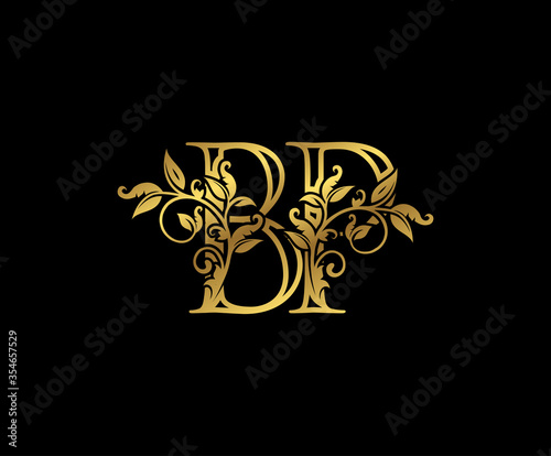 Luxury Gold letter B, P and BP Vintage decorative ornament letter stamp, wedding logo, classy letter logo icon.
