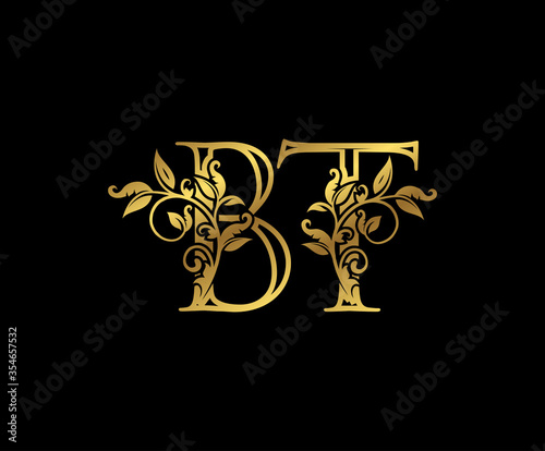 Luxury Gold letter B, T and BT Vintage decorative ornament letter stamp, wedding logo, classy letter logo icon.
