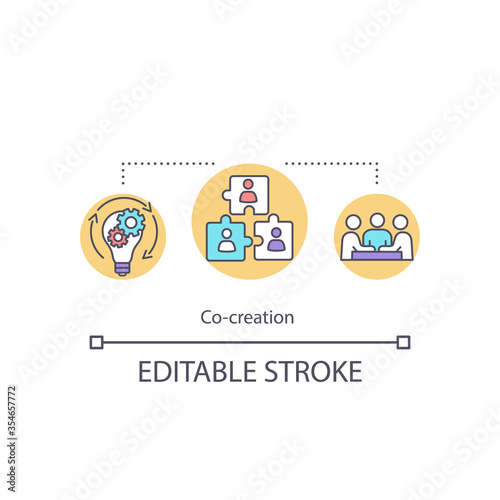 Co creation concept icon. Collective invention. Sharing economy. Collaborative work on business project idea thin line illustration. Vector isolated outline RGB color drawing. Editable stroke photo