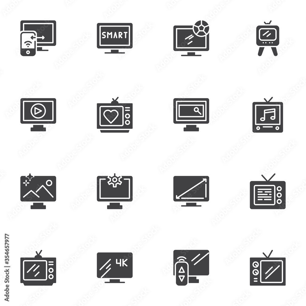 Television vector icons set, TV screen modern solid symbol collection, filled style pictogram pack. Signs, logo illustration. Set includes icons as computer monitor, retro tv, led, remote control