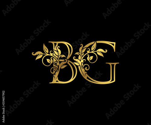 Luxury Gold letter B, G and BG Vintage decorative ornament letter stamp, wedding logo, classy letter logo icon.