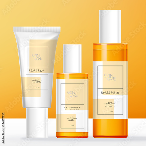 Vector Calendula Theme Skin Care, Beauty or Toiletries Packaging with Transparent Tinted Orange Bottle & White Tube. photo