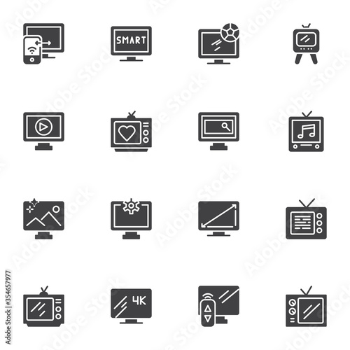 Television vector icons set, TV screen modern solid symbol collection, filled style pictogram pack. Signs, logo illustration. Set includes icons as computer monitor, retro tv, led, remote control