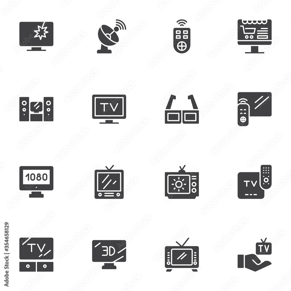 Television screen vector icons set, modern solid symbol collection, filled style pictogram pack. Signs, logo illustration. Set includes icons as wide TV display, computer monitor, remote control, 3D