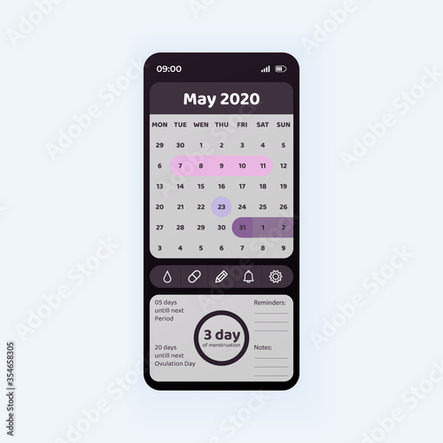 Ovulation calendar smartphone interface vector template. Mobile app page black design layout. Menstrual tracker screen. Flat UI for application. Monthly woman fertility control. Phone display