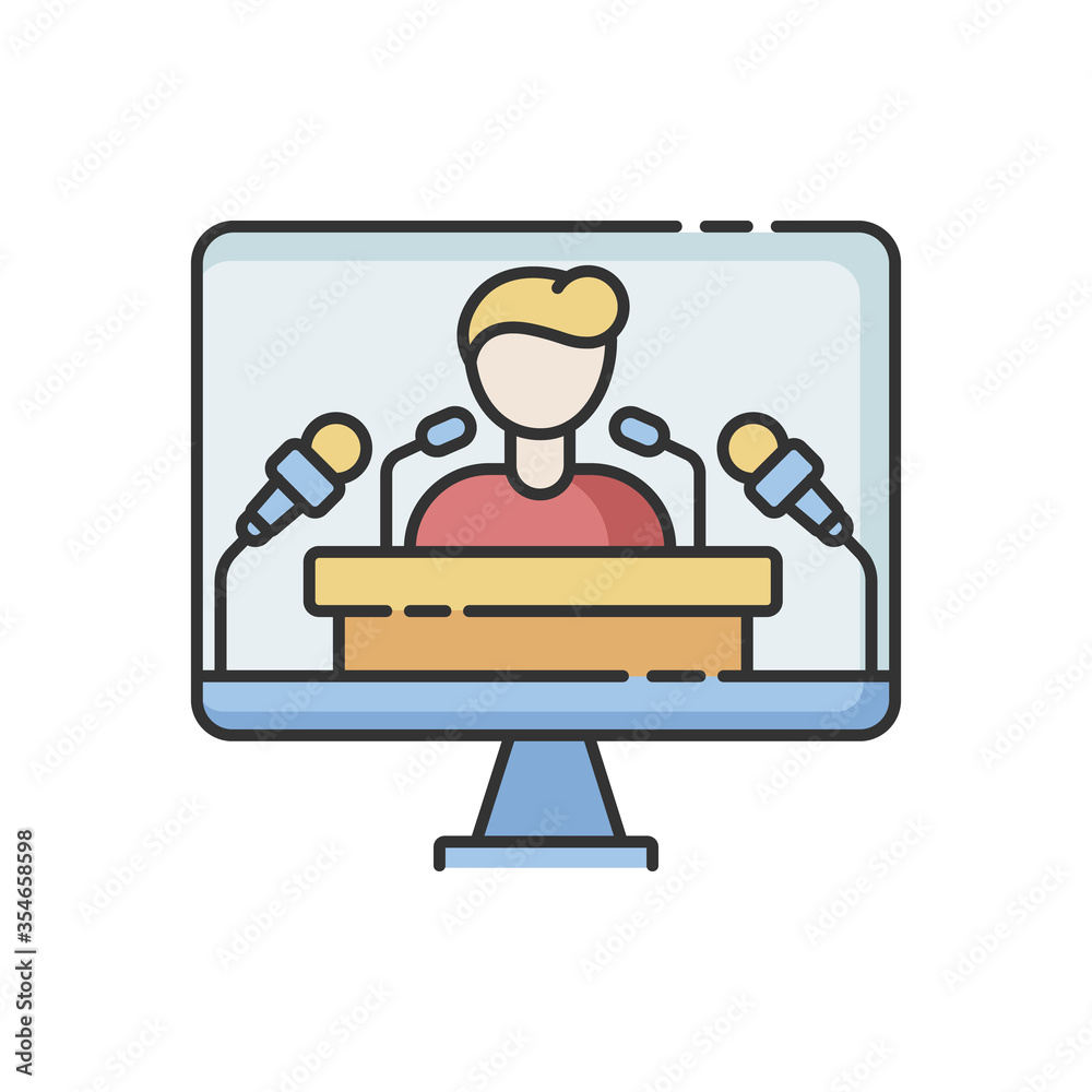 Press conference RGB color icon. TV broadcasting of special announcement. Public presentation. Interview with corporate leader. Election and social discussion. Isolated vector illustration