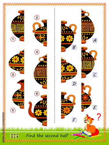 Logic puzzle game for children. Need to find second half of each ancient vase. Educational page. Worksheet for school book. Kids activity sheet. Online playing. Task for attention. Flat illustration. photo