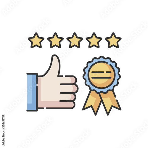 Brand image RGB color icon. Client satisfaction level. Corporate identity. Quality product. Consumer feedback. Best selling label. Company recognition. Customer service. Isolated vector illustration