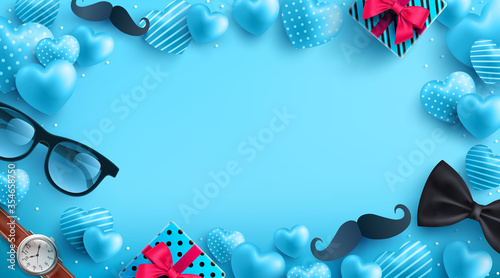Father's Day blue background with flatlay of Glasses,Necktie,Watch and Gifts for dad. Greetings and presents for Father's Day.Promotion and shopping template for love dad concept