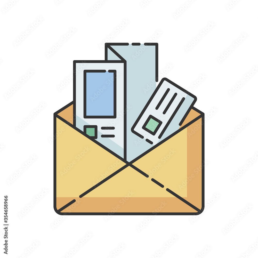 Newsletters and brochures RGB color icon. Document pages in folder. Advertisement in printed article. Business correspondence. Subscription mail in inbox. Isolated vector illustration Newsletters and brochures RGB color icon. Document pages in folder. Advertisement in printed article. Business correspondence. Subscription mail in inbox. Isolated vector illustration
