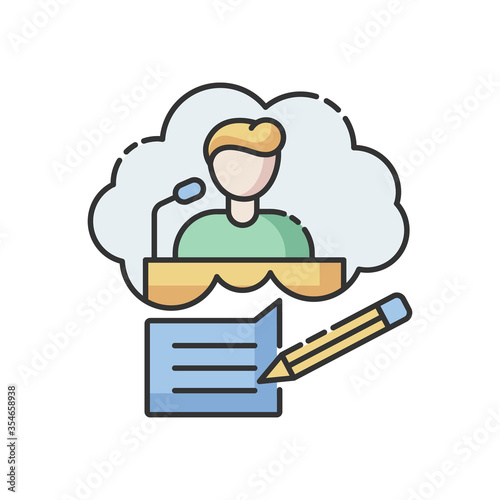 Speechwriting RGB color icon. Message for press conference. Announcement for public. Interview and journalism. Speaker prepare for event. Social media communication plan. Isolated vector illustration