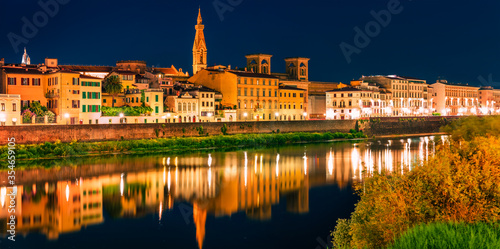 Night summer view of Basilica of Santa Croce church and Arno river. Panoramic evening cityscape of Florence  Tuscany  Italy. Traveling concept background.