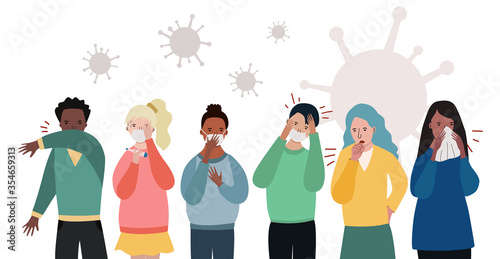 Group of infected people suffering from flu, cough, runny nose, headache. Vector men and women contaminated by virus and wearing medical masks. Coronavirus symptoms. COVID-19 pandemic.