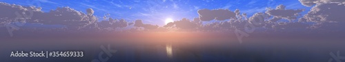 Sea sunset panorama, ocean sunrise, the sun among the clouds above the water, 3D rendering