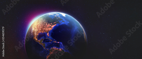 Fototapeta Naklejka Na Ścianę i Meble -  Planet earth in outer space. Night over American continents. Light of night cities in world. Elements of this image furnished by NASA