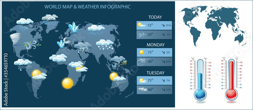 Vector world map and weather infographic. Icons and worldmap silhouette