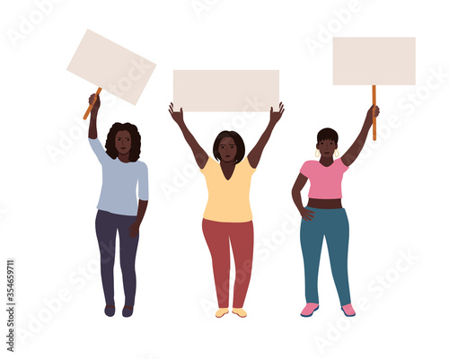 black women standing together and holding blank banner. People taking part in parade. Female protesters or activists. Flat colorful vector illustration