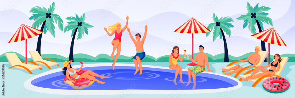 Fototapeta premium Young happy people on summer pool party. Vector flat cartoon characters illustration. Men, women in bikini and swimwear