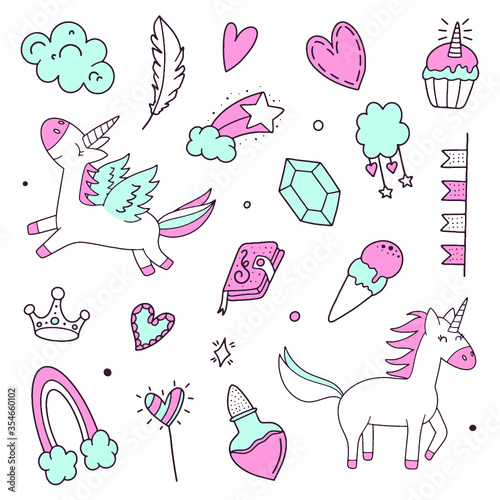 Unicorn and Magic Doodles. Cute unicorn and pony collection with magic items. Hand drawn line style. Vector doodles illustrations.