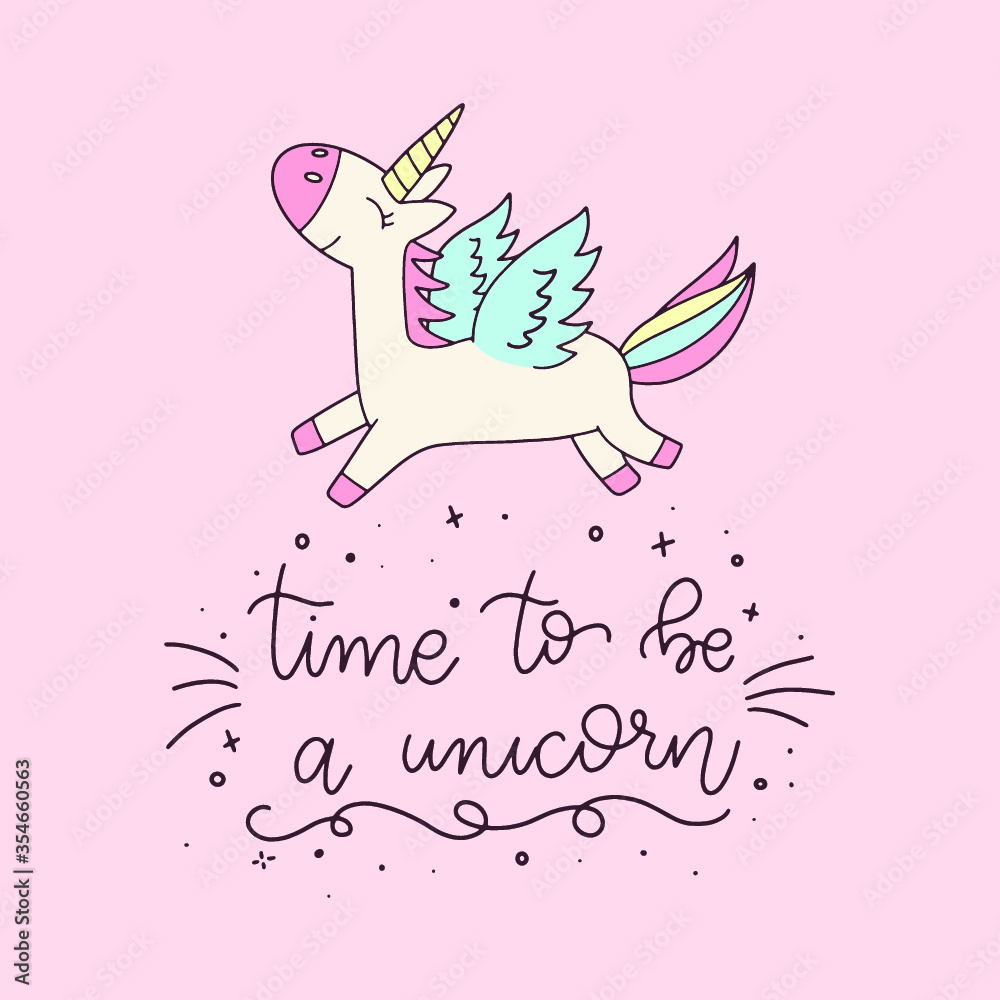 Unicorn and Magic Doodles. Cute unicorn and pony collection with magic items. Hand drawn line style. Vector doodles illustrations.