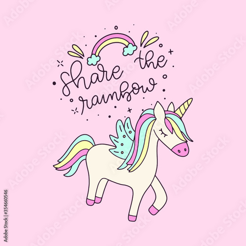 Unicorn and Magic Doodles. Cute unicorn and pony collection with magic items. Hand drawn line style. Vector doodles illustrations.
