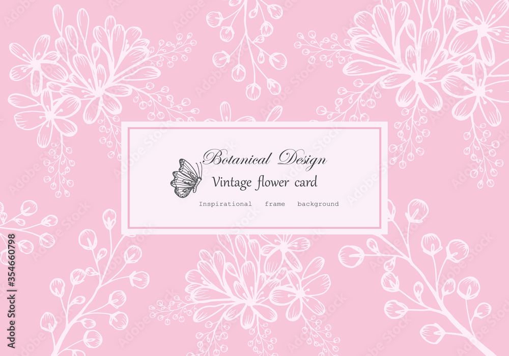 Vintage card hand drawn flower Floral wreath floral flower frame for flower shop with label design, summer, rose, flower greeting card, background for cosmetic packaging