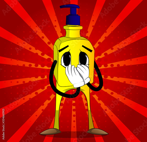 Cartoon Bottle of hand sanitizer gel with sad face with hands over mouth. Expressions vector.