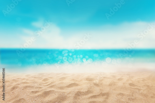 Sand with blurred tropical sea sky beach and bokeh background, Summer vacation and travel concept with copy space for text