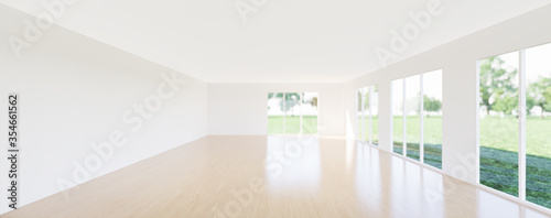 3d rendering of empty room and wood floor shiny reflection with clear glass door in perspective view  clean and new condition use to background.