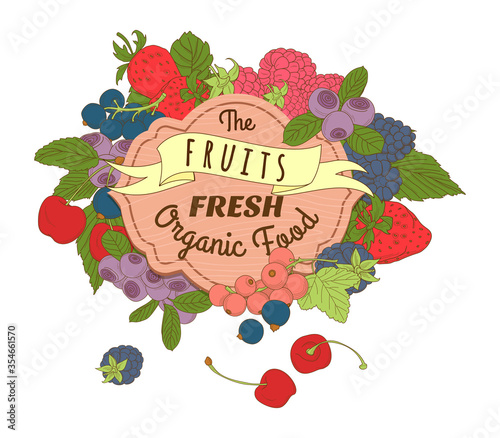 Berries mix frame of cherry, currant, blueberry, blackberry, ras