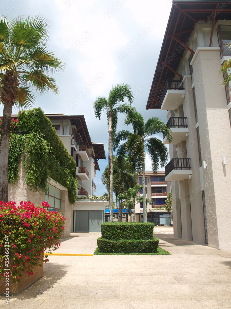 Empty street of tropical resort town. Alley decorated with palm trees and blooming flowers. An example of beautiful landscape street design. Flower decoration. Hotel, building, residential properties.