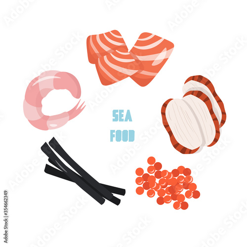 Sea food concept. Cute vector flat illustration with shrimp, slices of salmon and eel, caviar and nori in cartoon style.