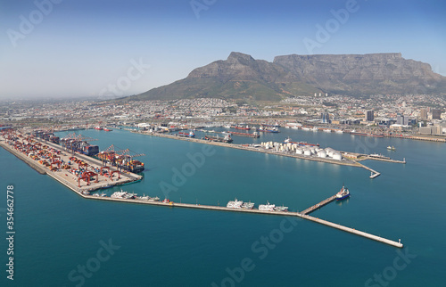 Cape Town, Western Cape / South Africa - 09/27/2019 - Aerial photo of Cape Town Harbour Container Terminal, CBD and Table Mountain