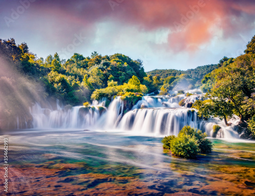 Fabulous summer view of powerful Skradinski Buk waterfall. Impressive morning scene of Krka National Park  Lozovac village location  Croatia  Europe. Beautiful world of Mediterranean countries.